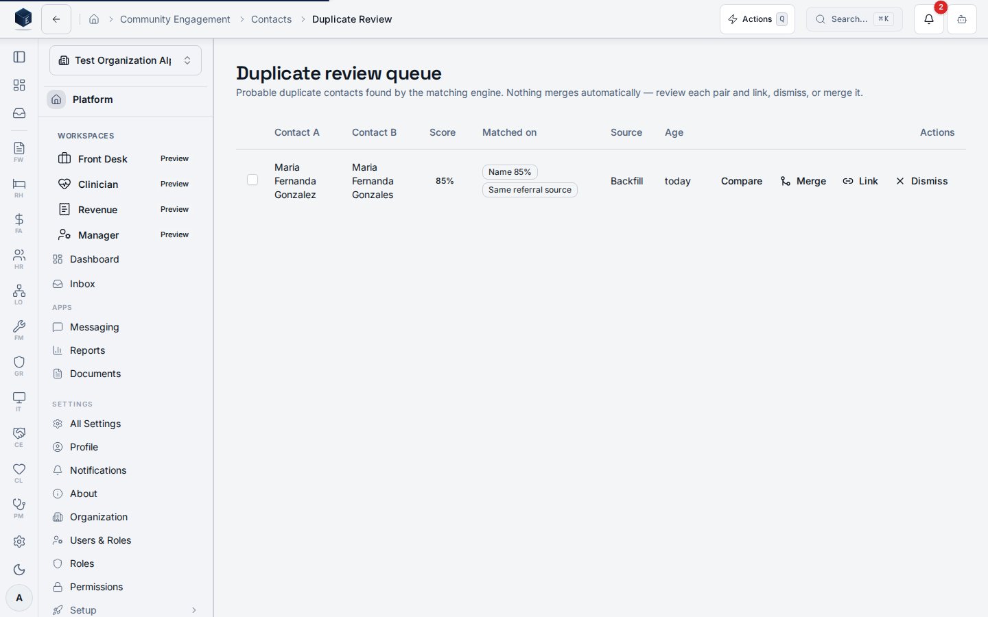 Duplicate review queue with a pending probabilistic match pair
