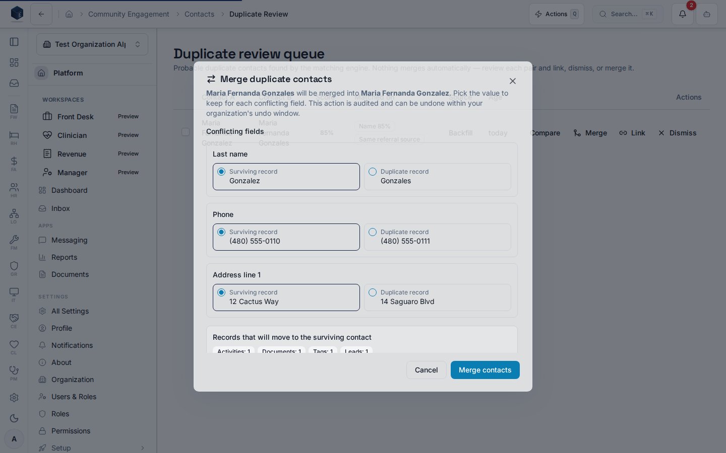 Contact merge dialog showing the field-level diff with survivorship defaults