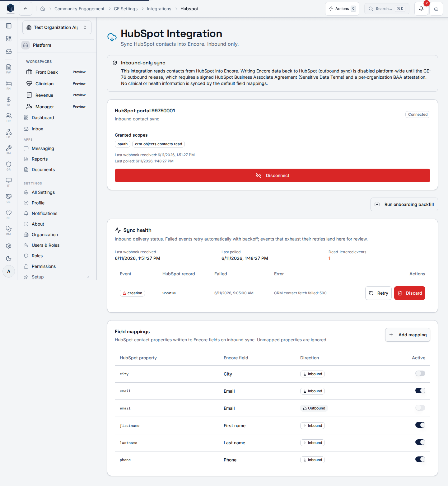 HubSpot integration settings page showing a connected portal with sync health