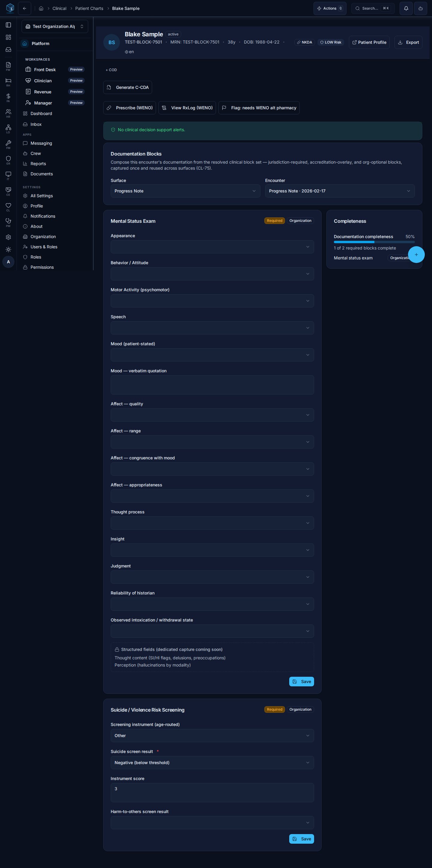Documentation Blocks chart tab rendering resolved clinical blocks with the completeness panel