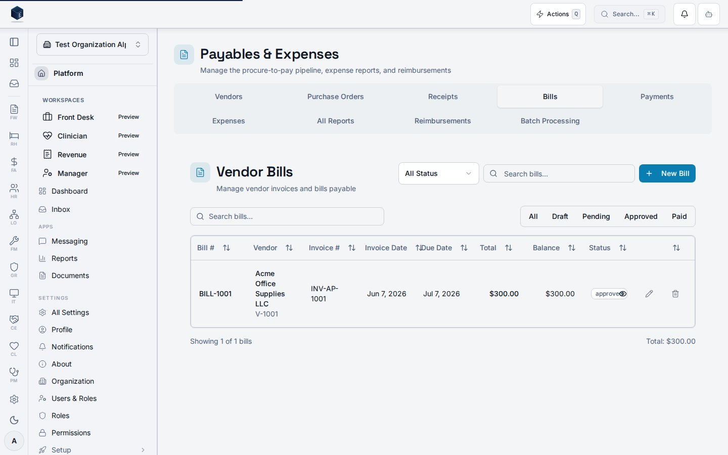 Accounts Payable bills surface listing vendor bills