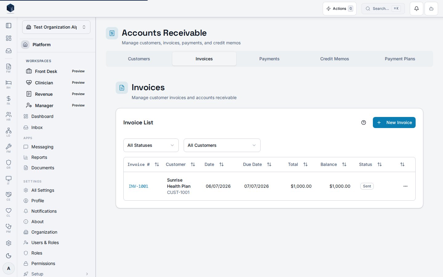 Accounts Receivable surface listing customer invoices