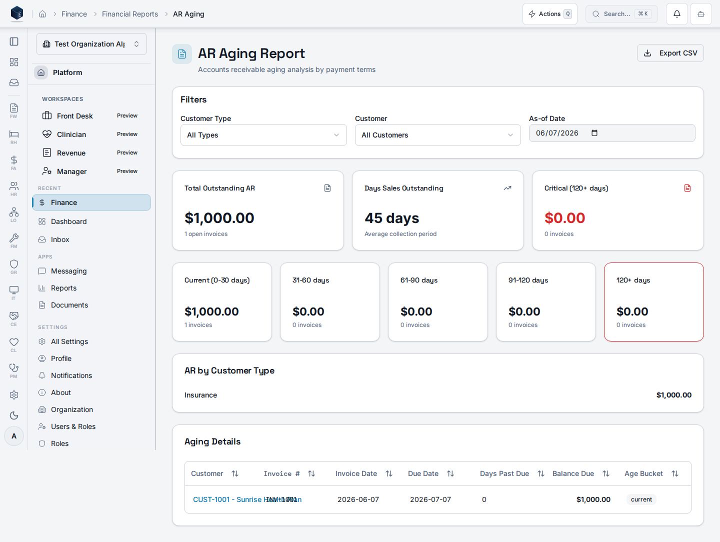 AR aging report surface with aging buckets and total outstanding AR