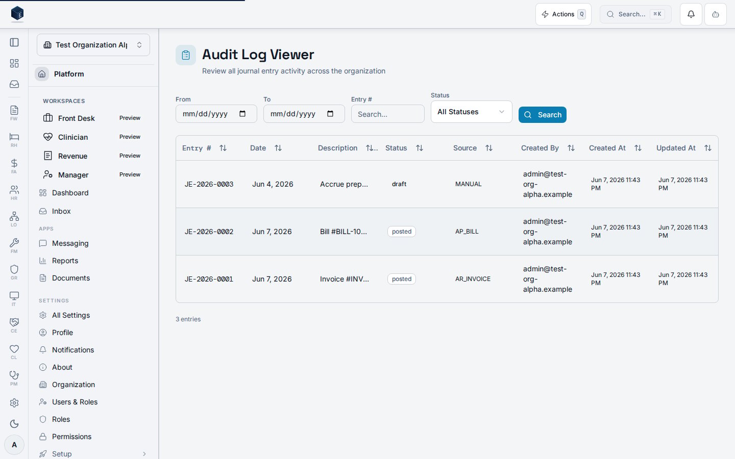 Audit log viewer listing journal entry activity