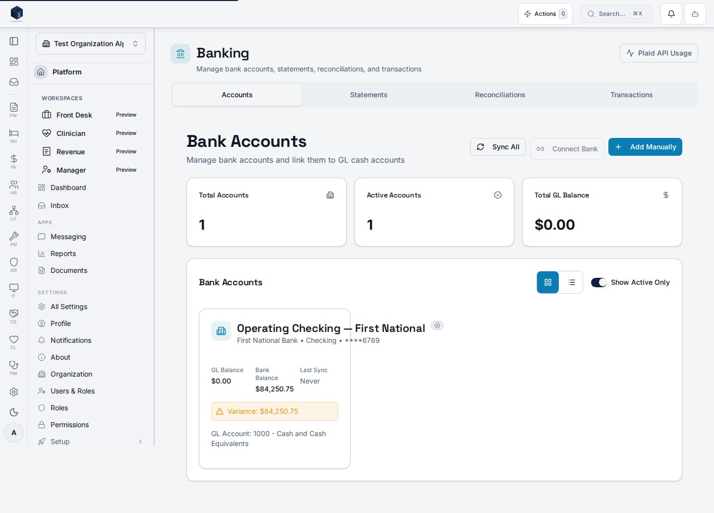 Banking hub showing bank accounts and the Plaid connect entry point