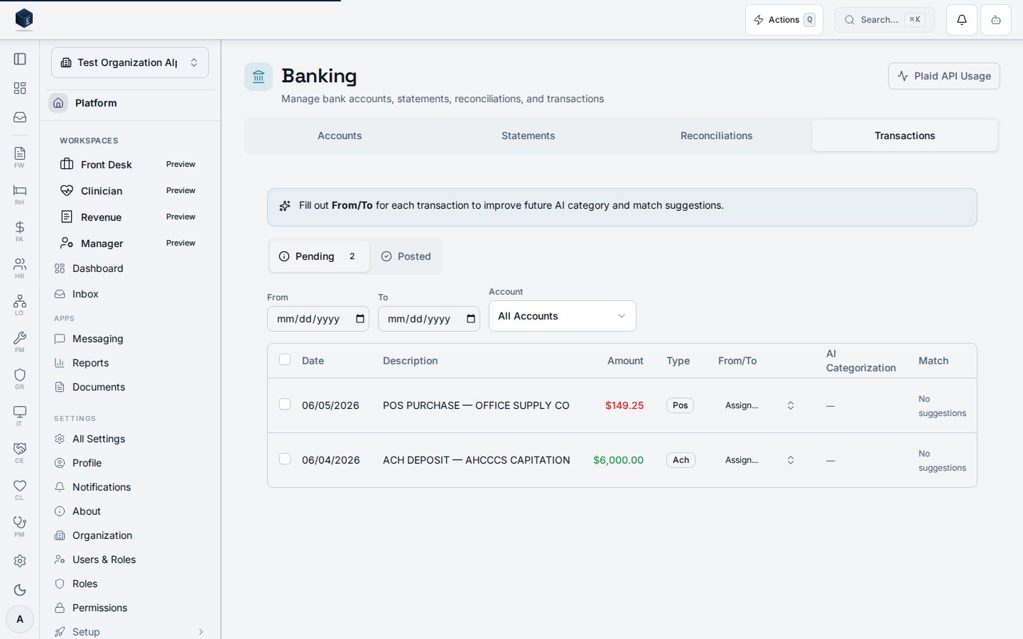 Bank transactions surface listing pending and posted bank lines