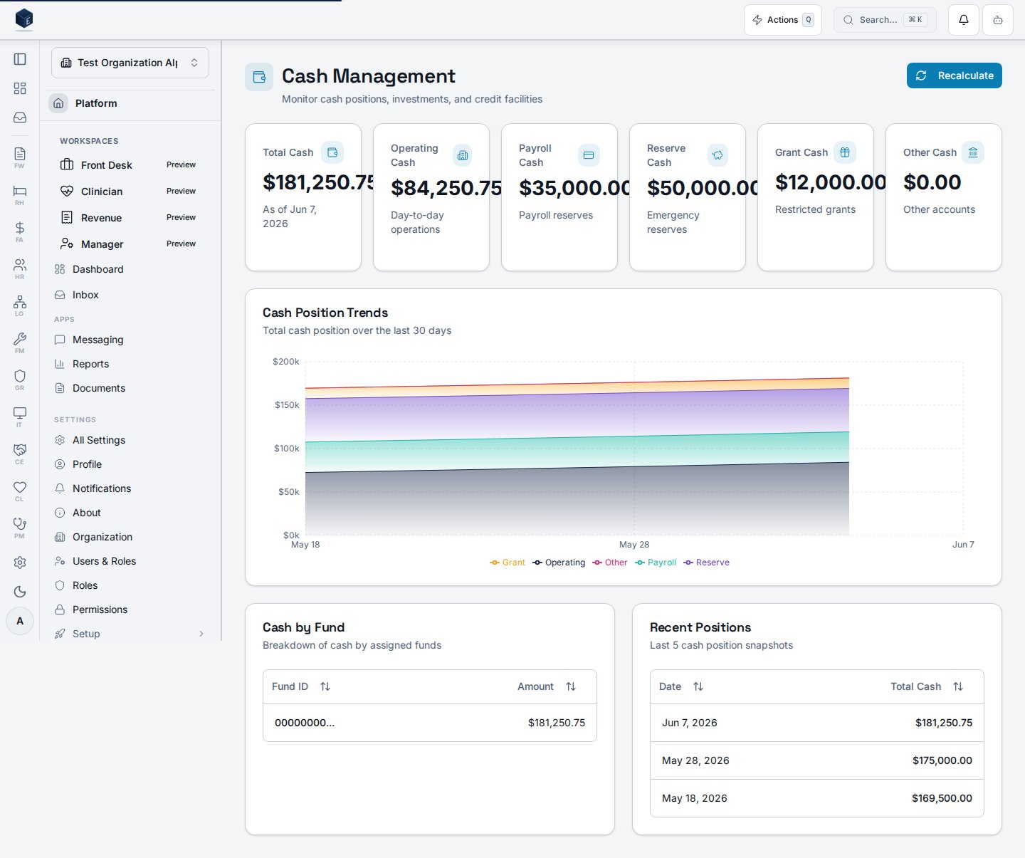 Cash management dashboard with total cash position and trend
