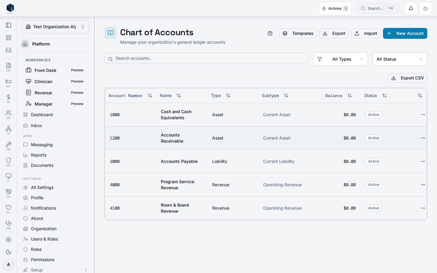 Chart of Accounts surface listing the general-ledger accounts