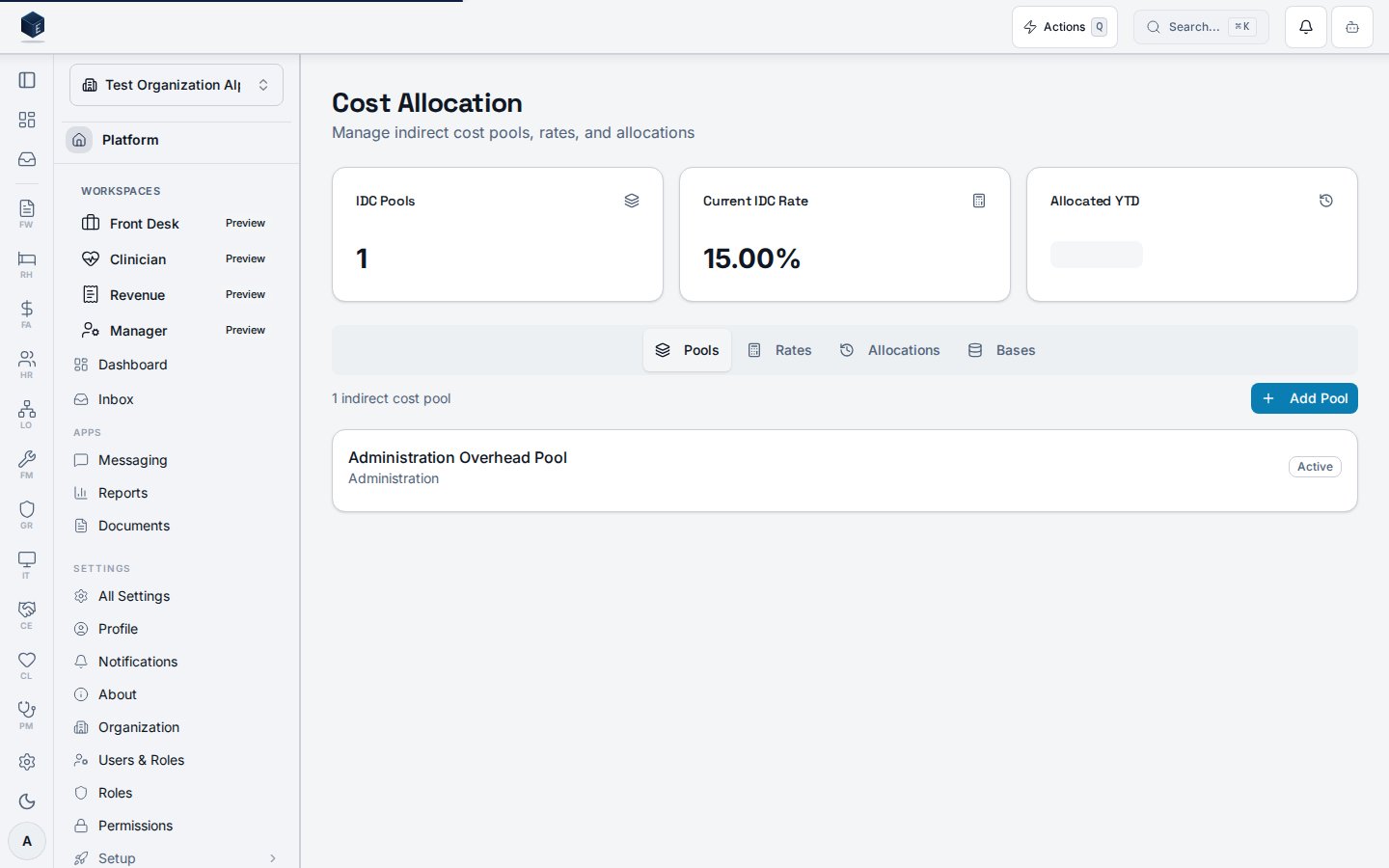 Cost allocation hub showing IDC pools and approved rate