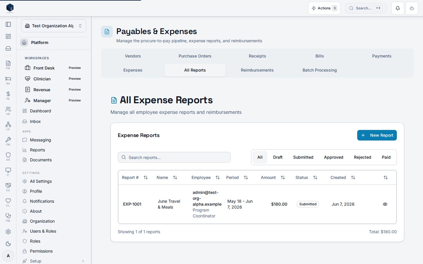 All expense reports surface listing employee expense reports