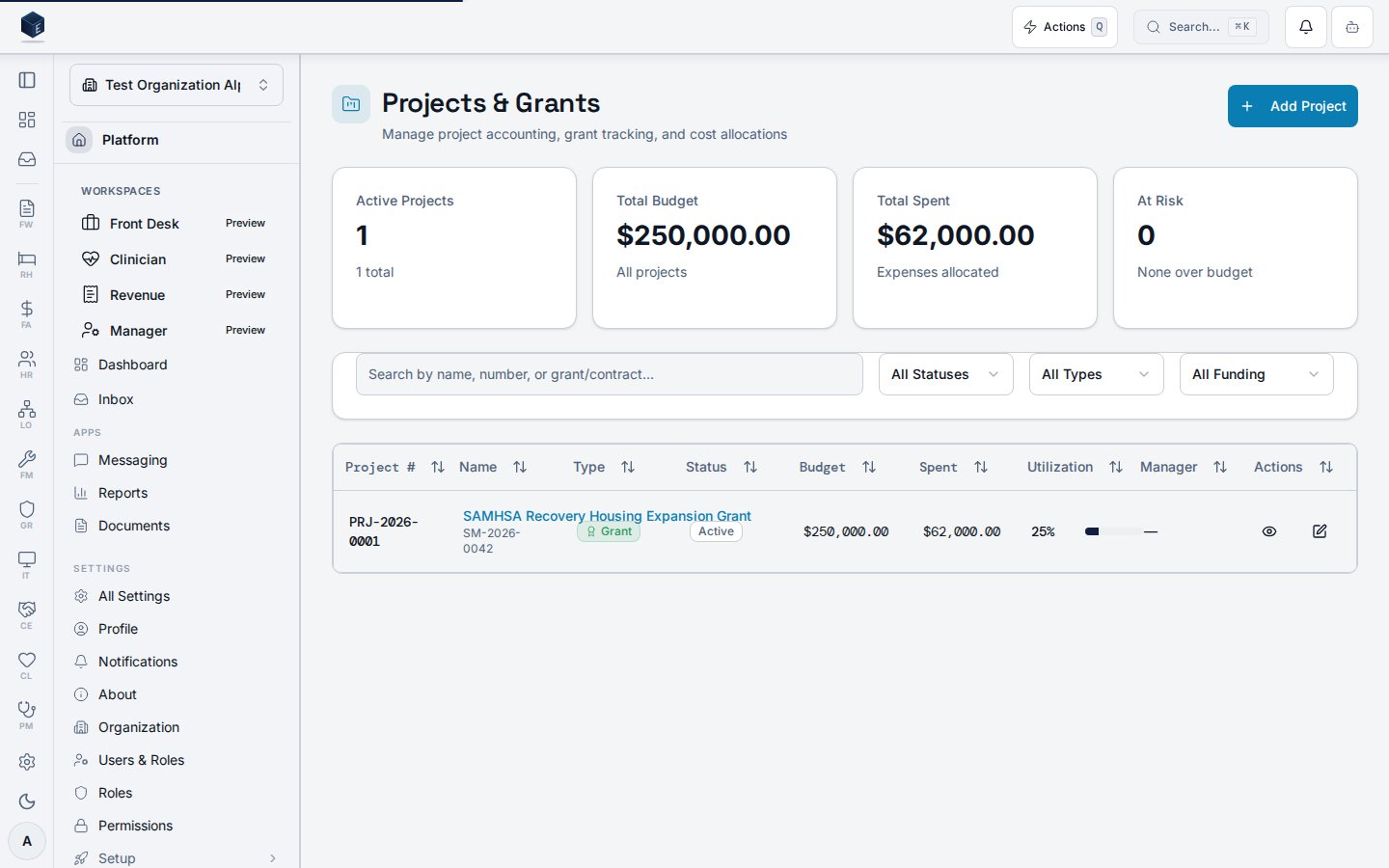 Projects list surface with project accounting records