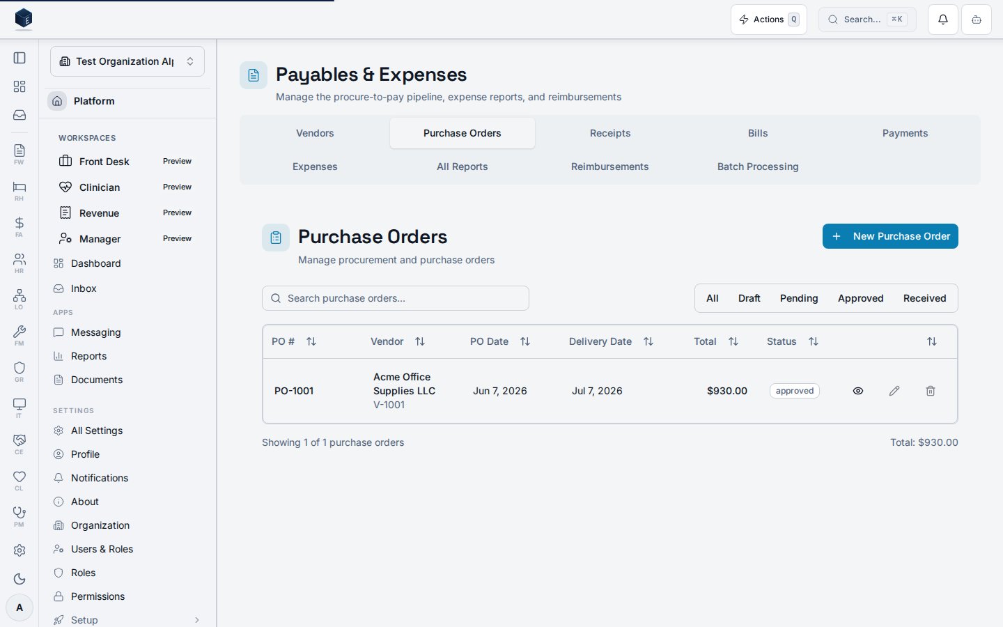 Purchase orders surface listing purchase orders