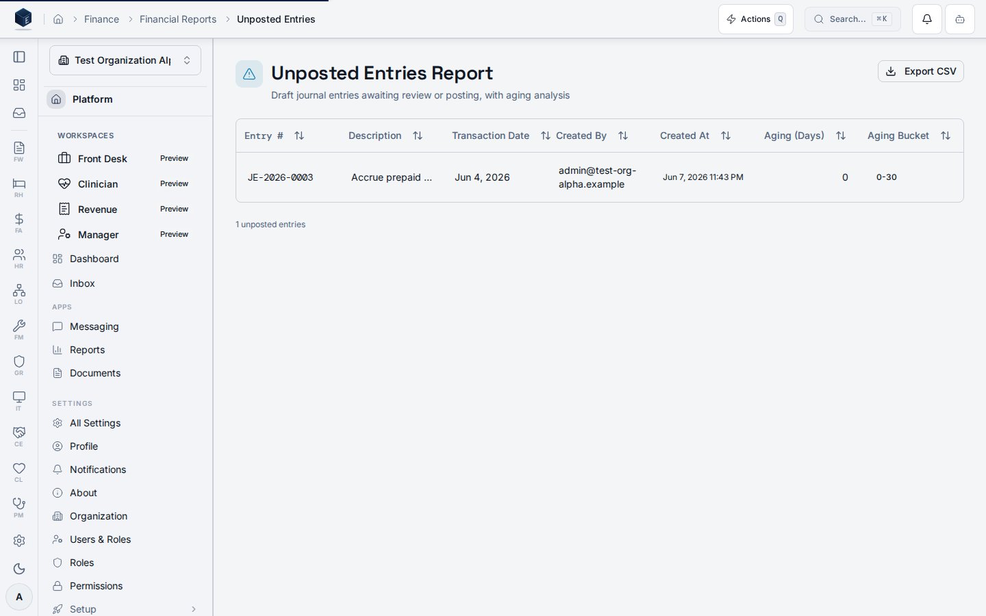 Unposted entries report listing draft journal entries by age