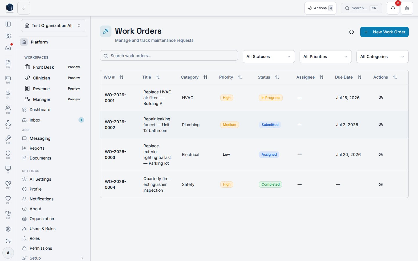 Facilities Management work-order queue with status, priority, and category badges