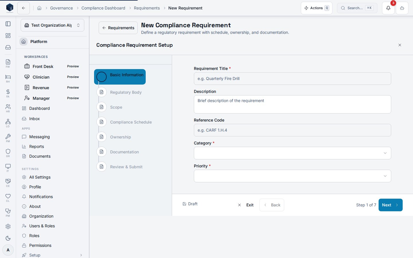 Governance compliance requirement wizard