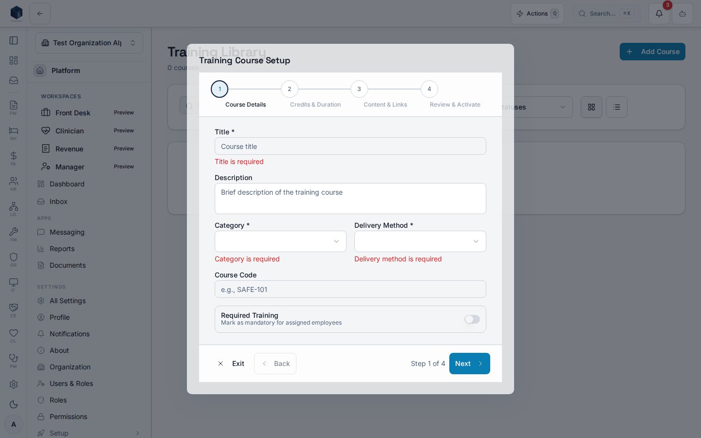 Training Course Setup wizard on the Course Details step