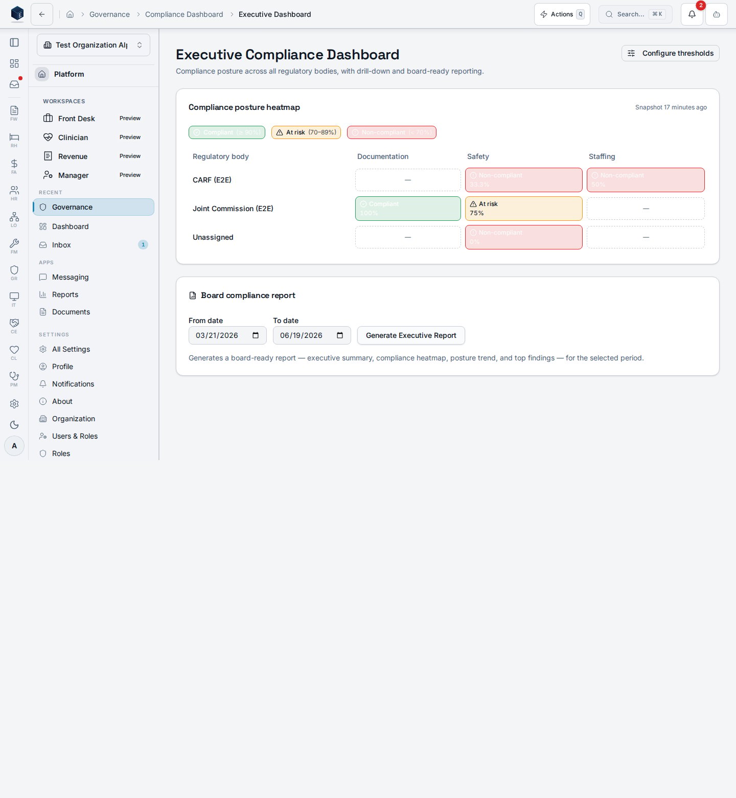 Board-ready executive compliance report with overall score, heatmap, posture-trend chart, top findings, and an Export to PDF action