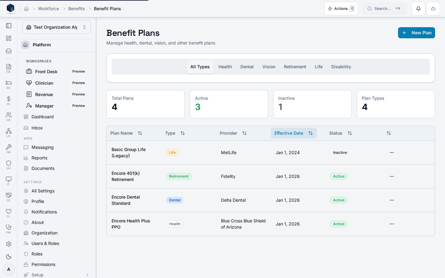 HR benefits administration plans list