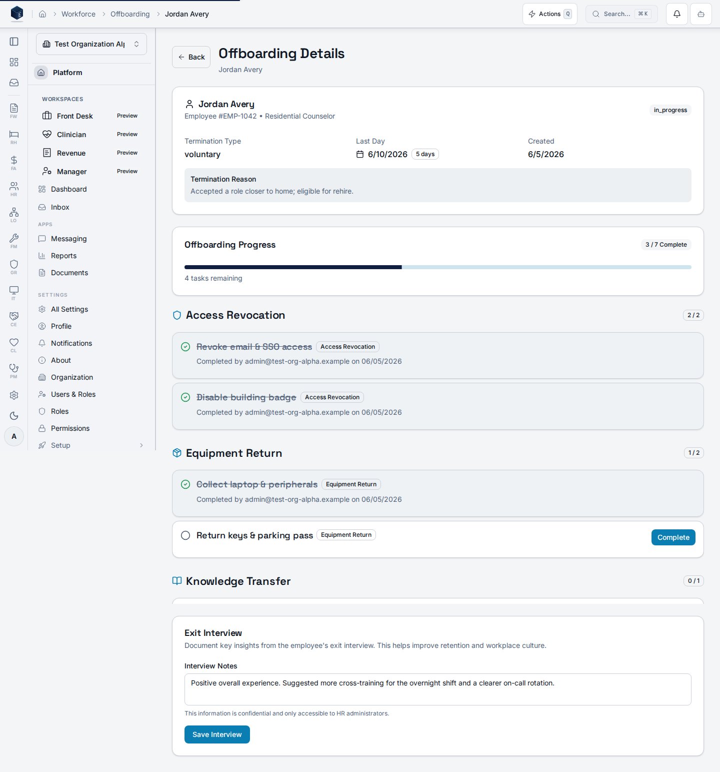Offboarding detail with checklist and exit interview
