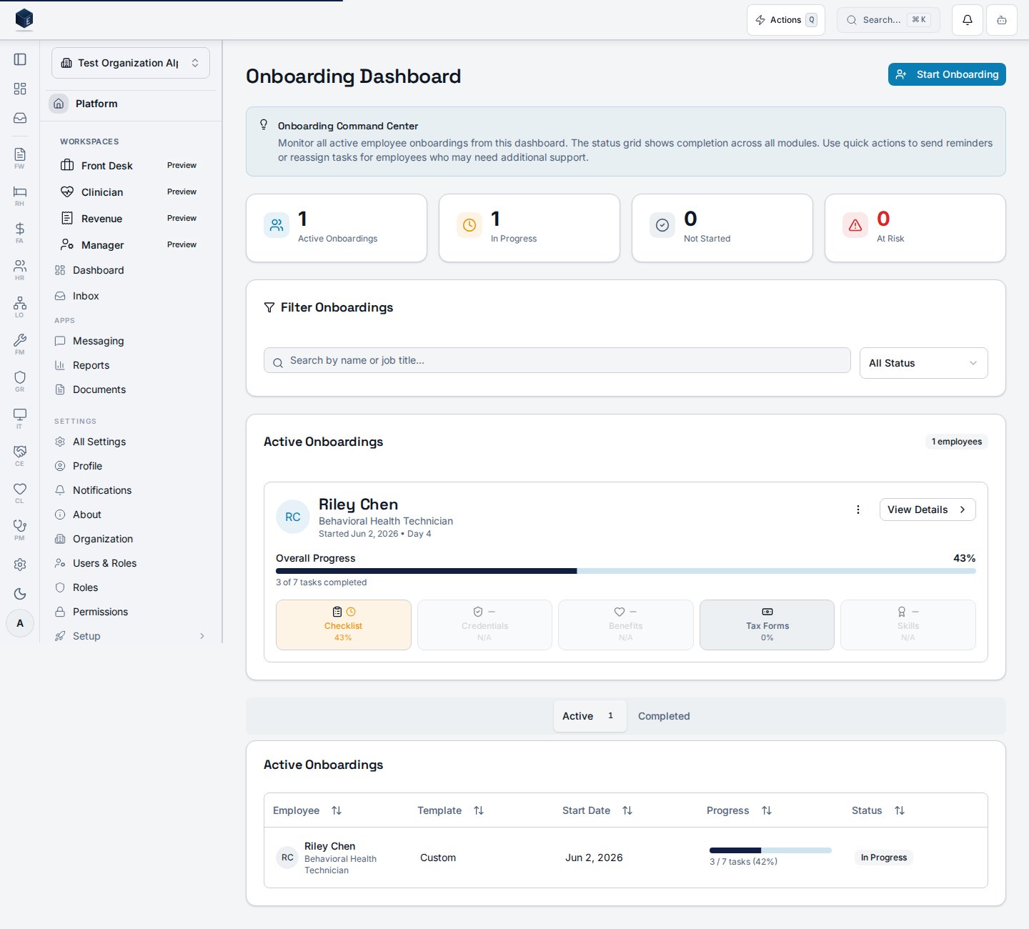 Onboarding Dashboard listing an in-progress new hire