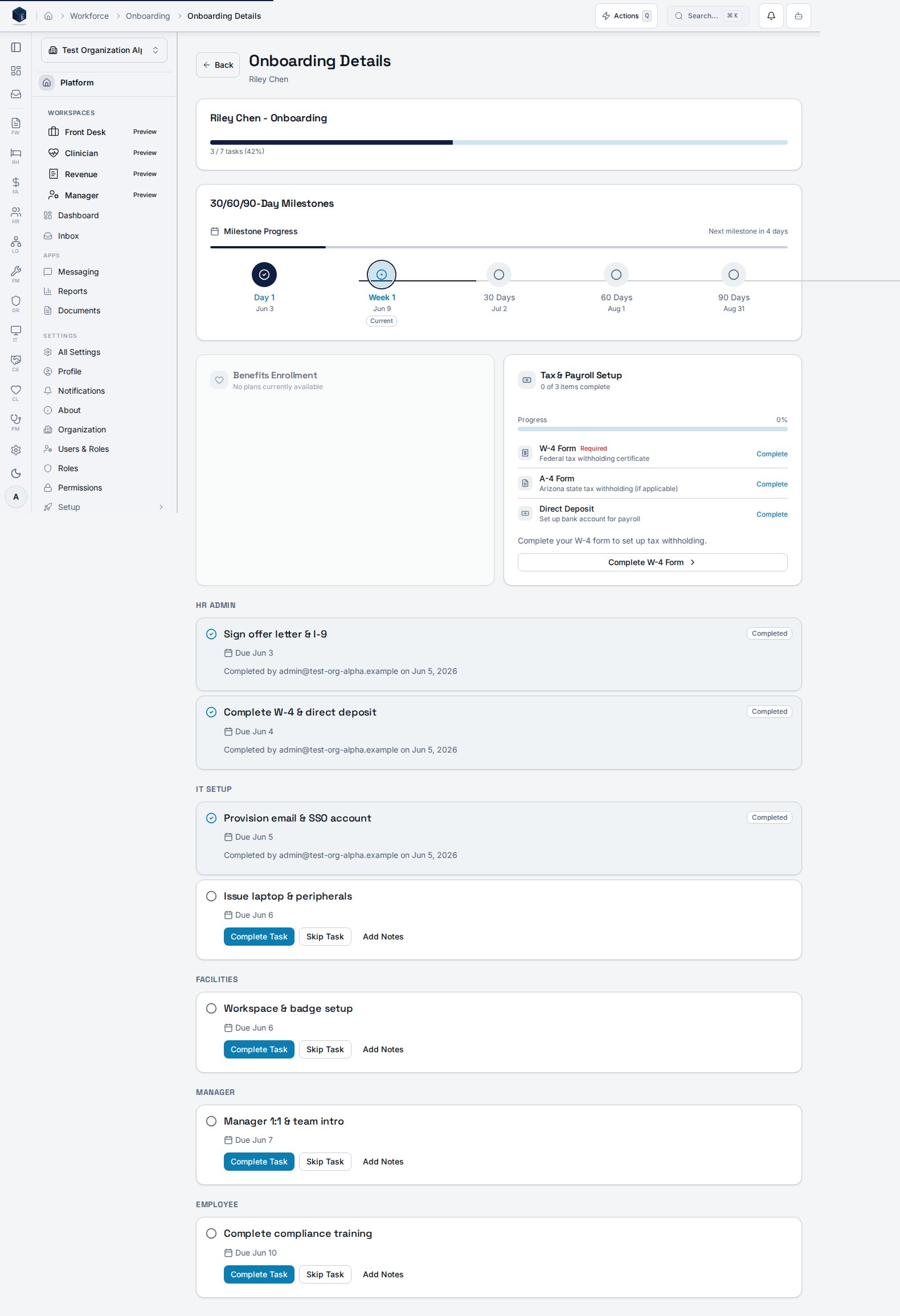 Onboarding detail page showing milestones and the categorized task checklist