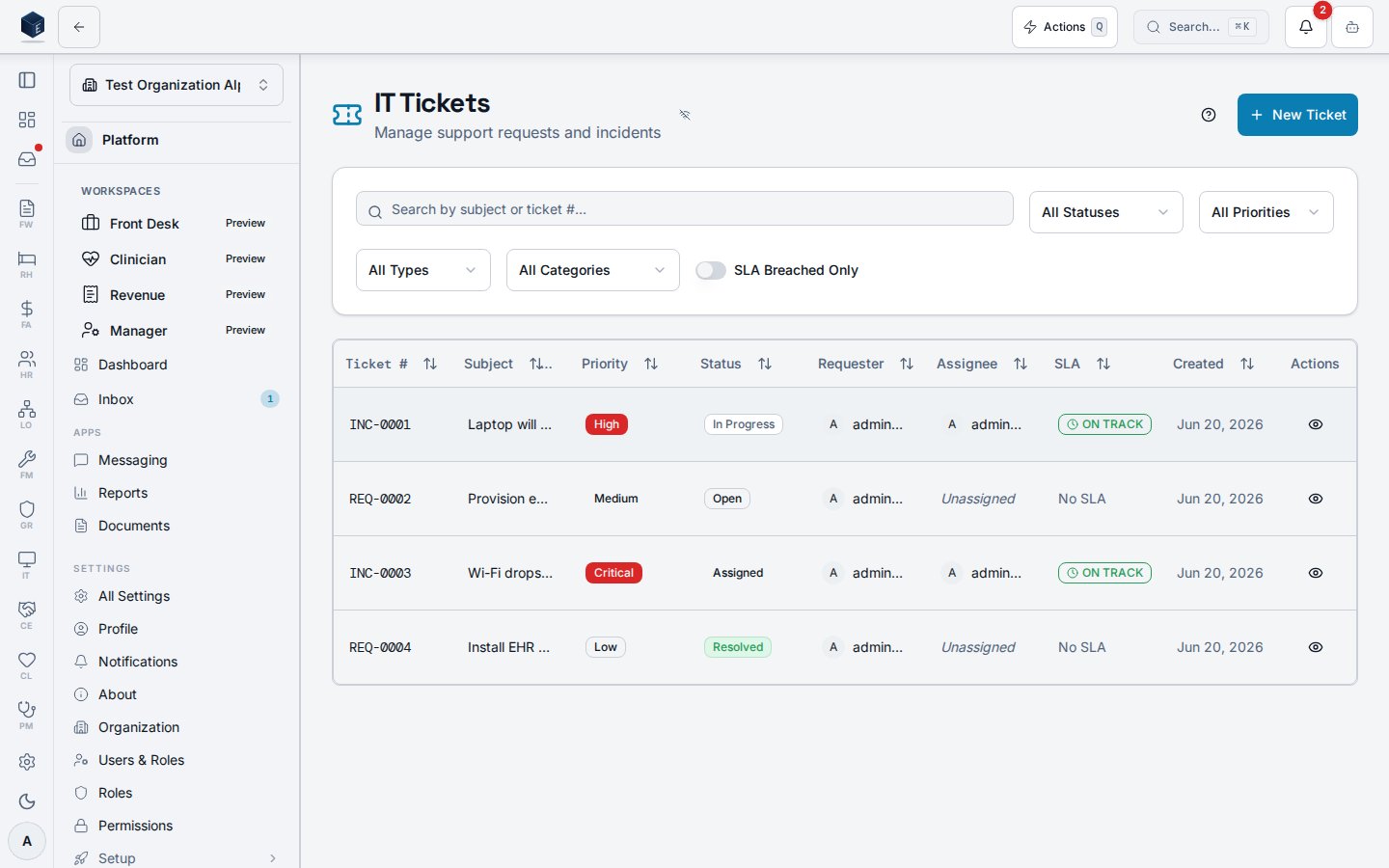 IT service desk ticket queue with priority, status, and assignee