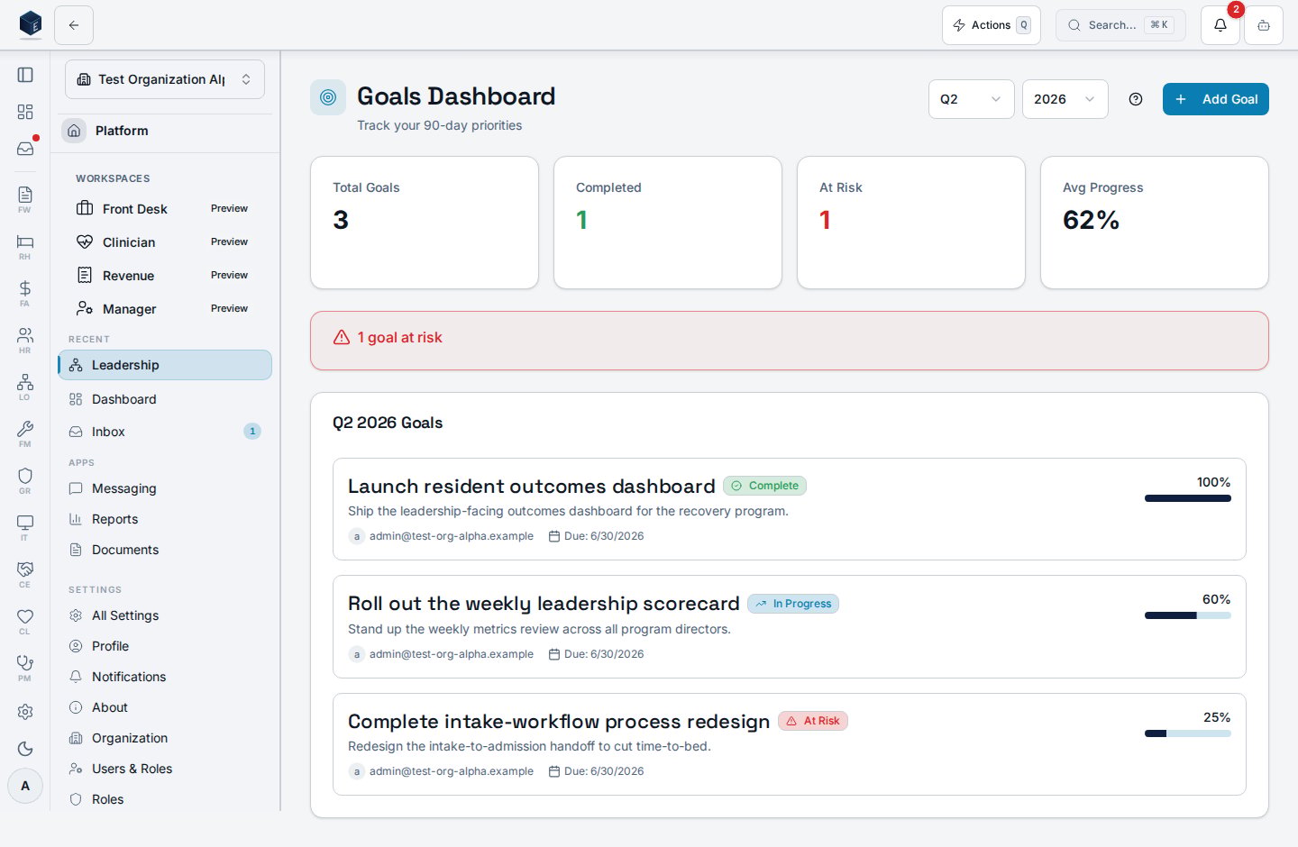 Leadership goals (Rocks) dashboard showing quarterly priorities, owners, and progress