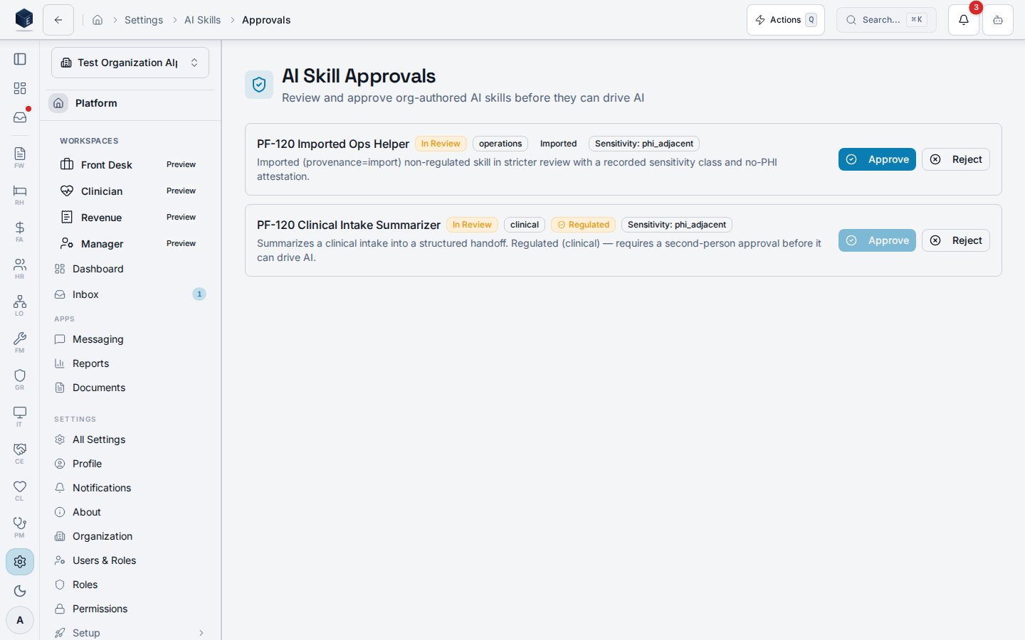 AI Skill Approvals queue listing two org-authored skills awaiting review — one regulated with Approve disabled, one imported with Approve enabled