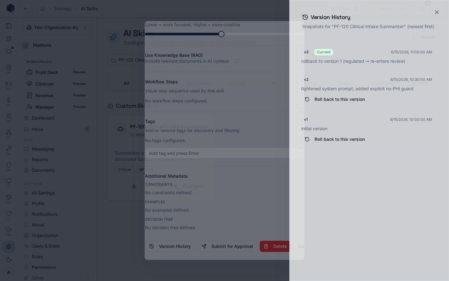 Version History drawer showing the immutable v1 to v2 to rollback-forward v3 snapshot chain with v3 marked Current
