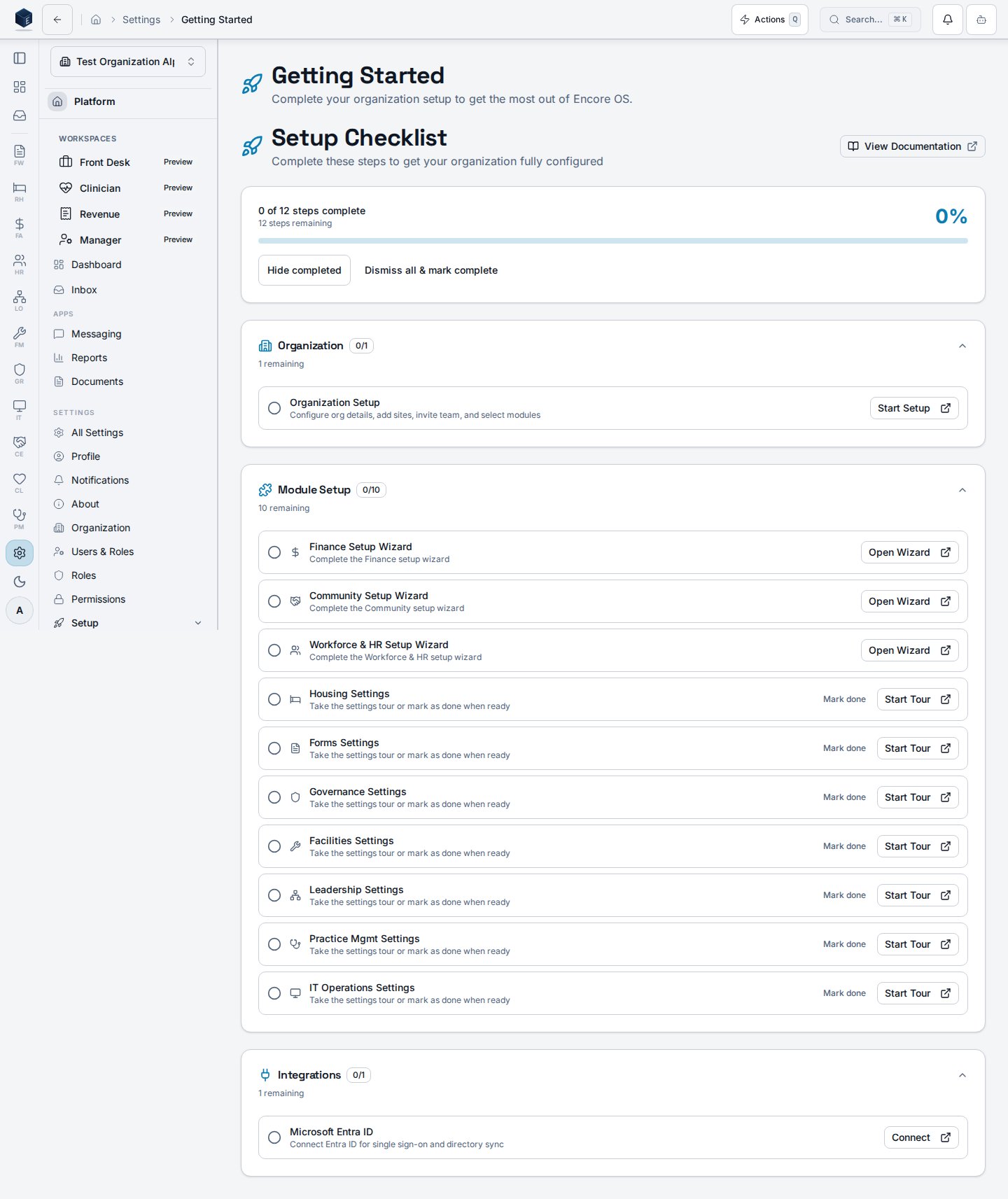 Getting Started setup-completion checklist