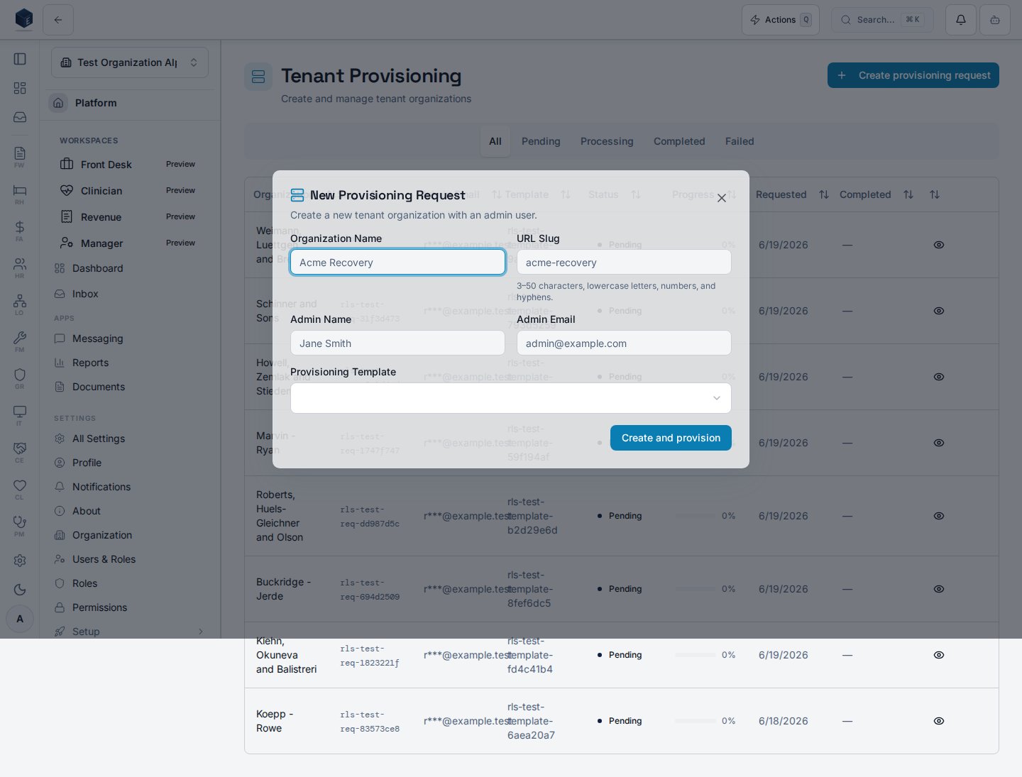 New Provisioning Request dialog