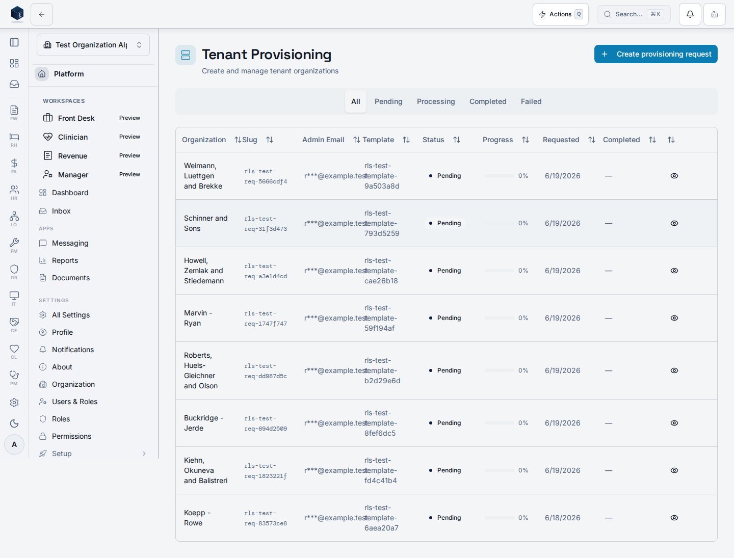 Tenant Provisioning dashboard