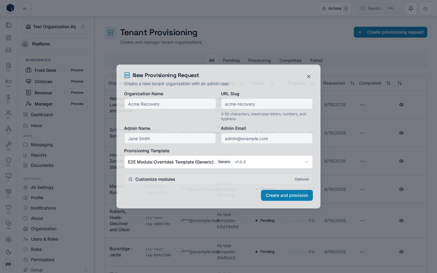 New Provisioning Request dialog with the Customize modules section collapsed