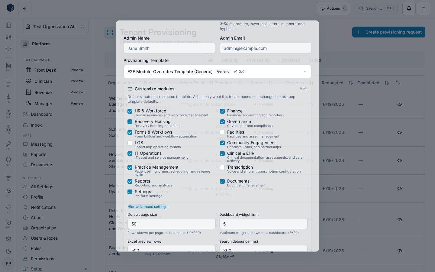Expanded Customize modules section showing the enabled-modules checkboxes and advanced scalar number inputs