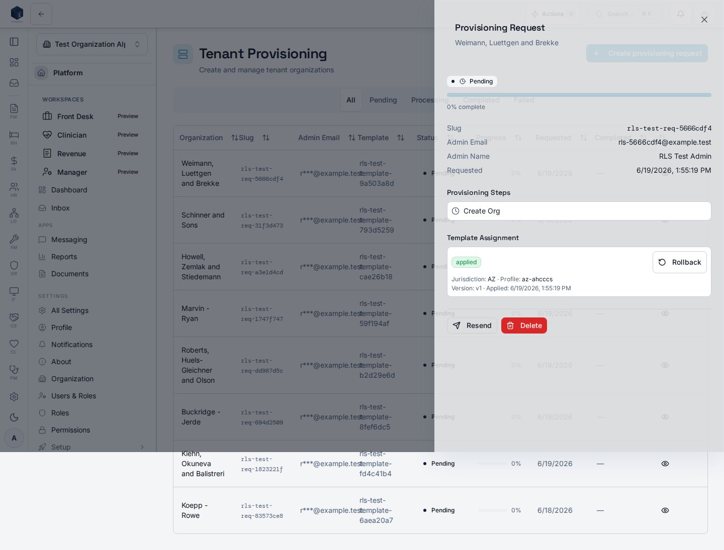 Provisioning request detail with steps timeline