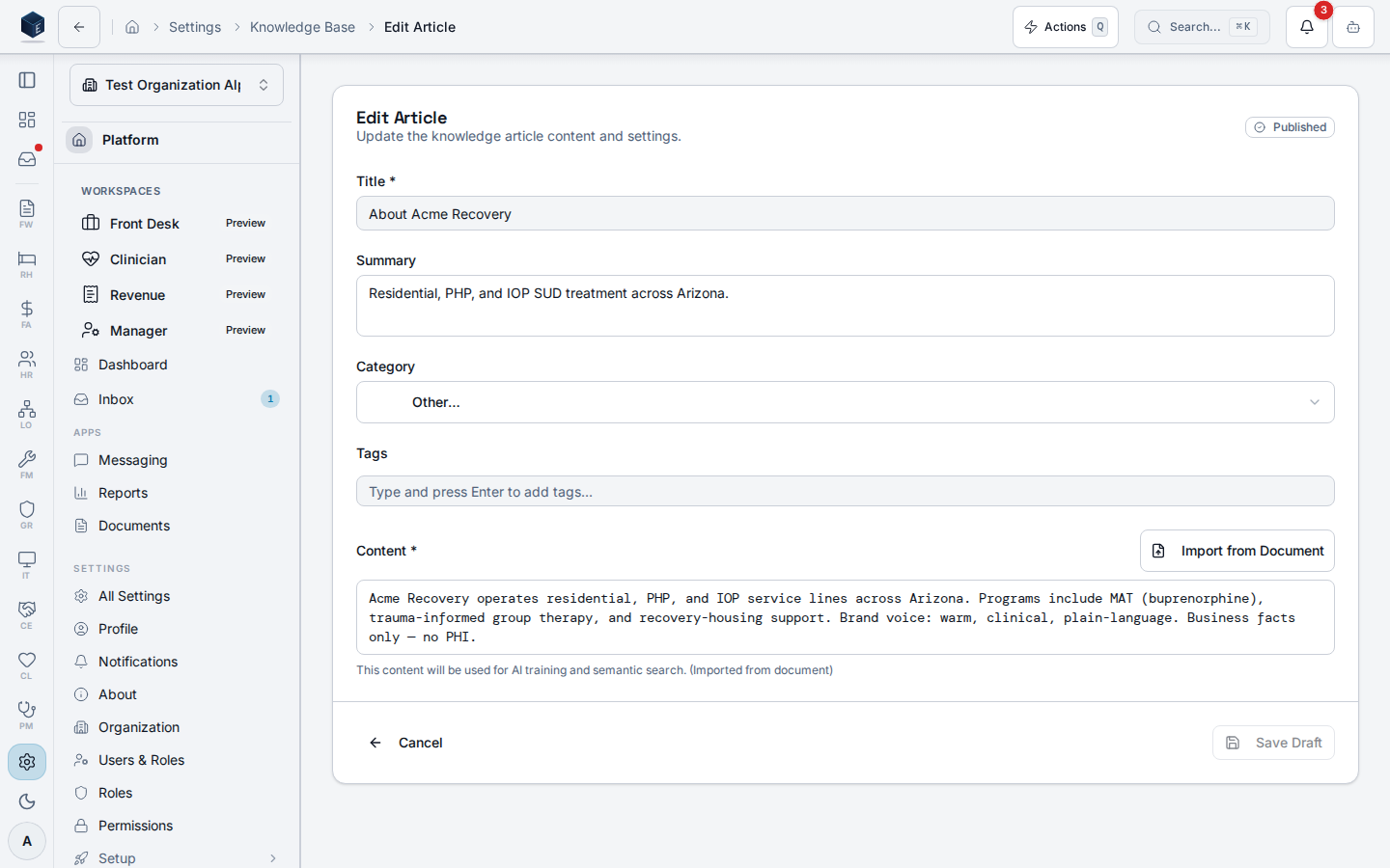Edit Article editor showing the published About Acme Recovery org-profile narrative with its title, summary, and content fields
