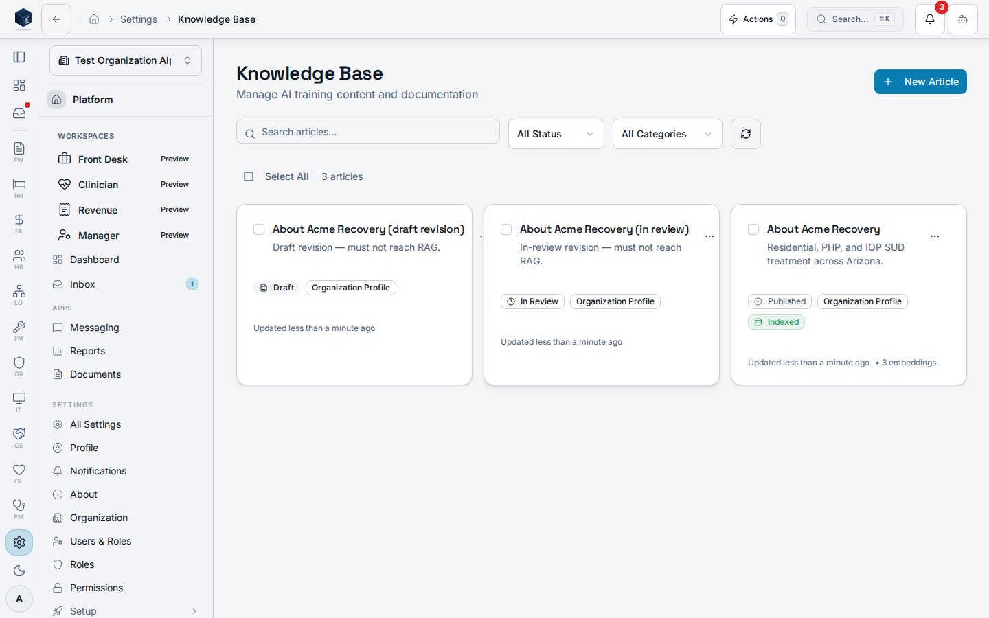 Knowledge Base article list with the published About Acme Recovery org-profile article and its draft and in-review revisions