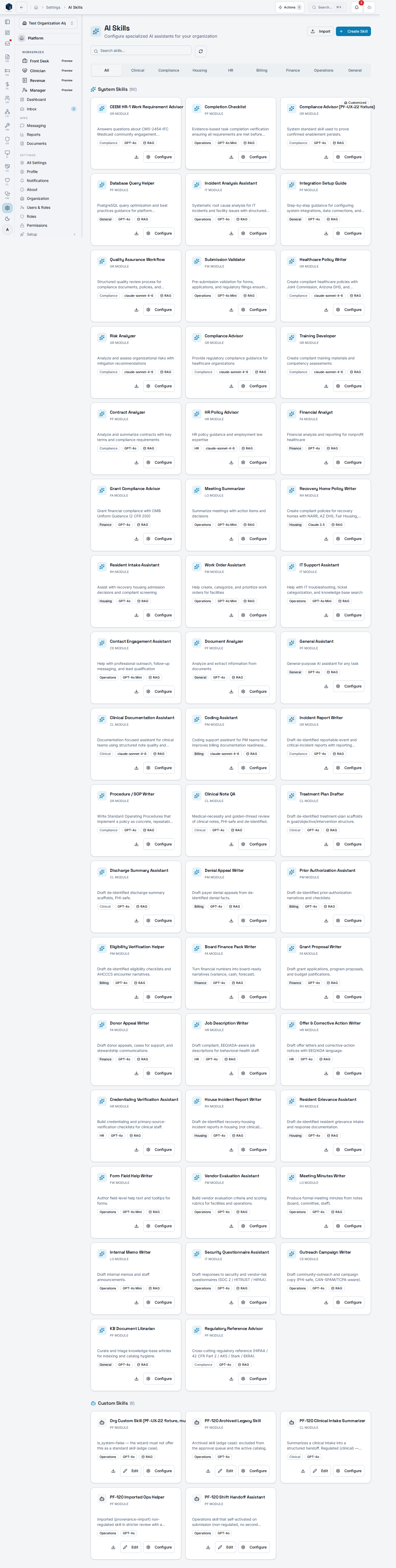 AI Skills admin list showing the System Skills standard catalog above organization custom skills