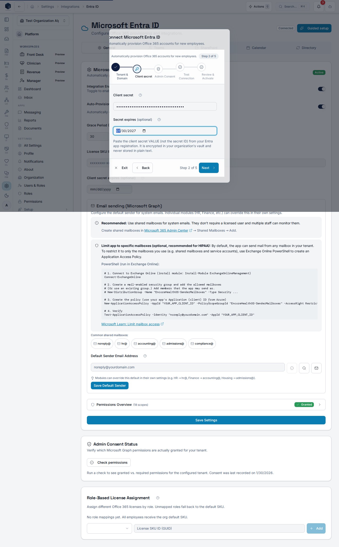 The Entra guided setup wizard on the credentials step, with the application ID, client secret, and optional expiry fields