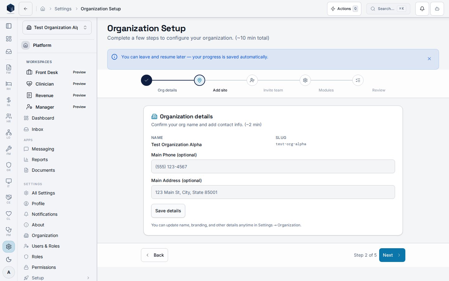Organization Setup wizard — Add Site step