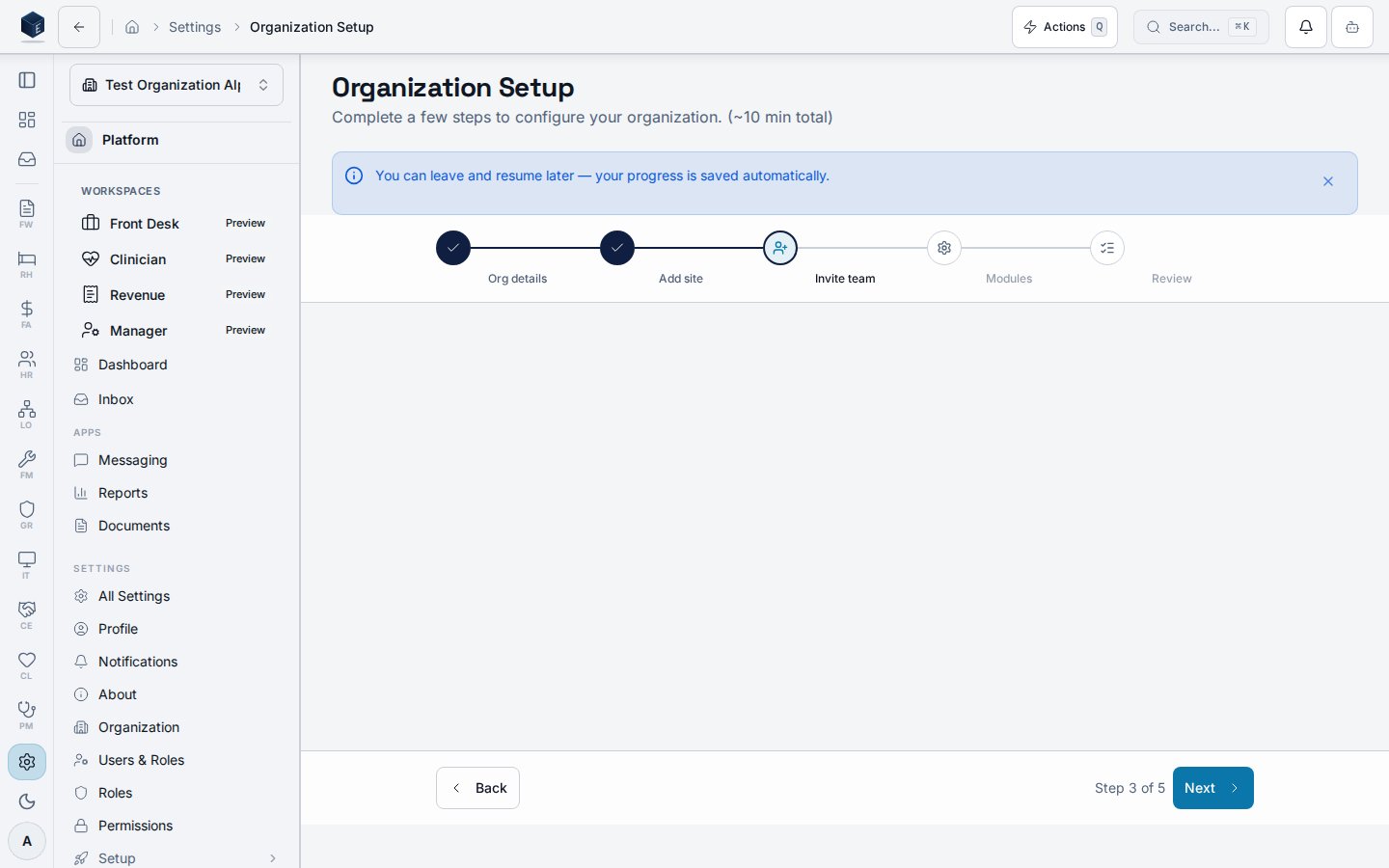 Organization Setup wizard — Invite Team step