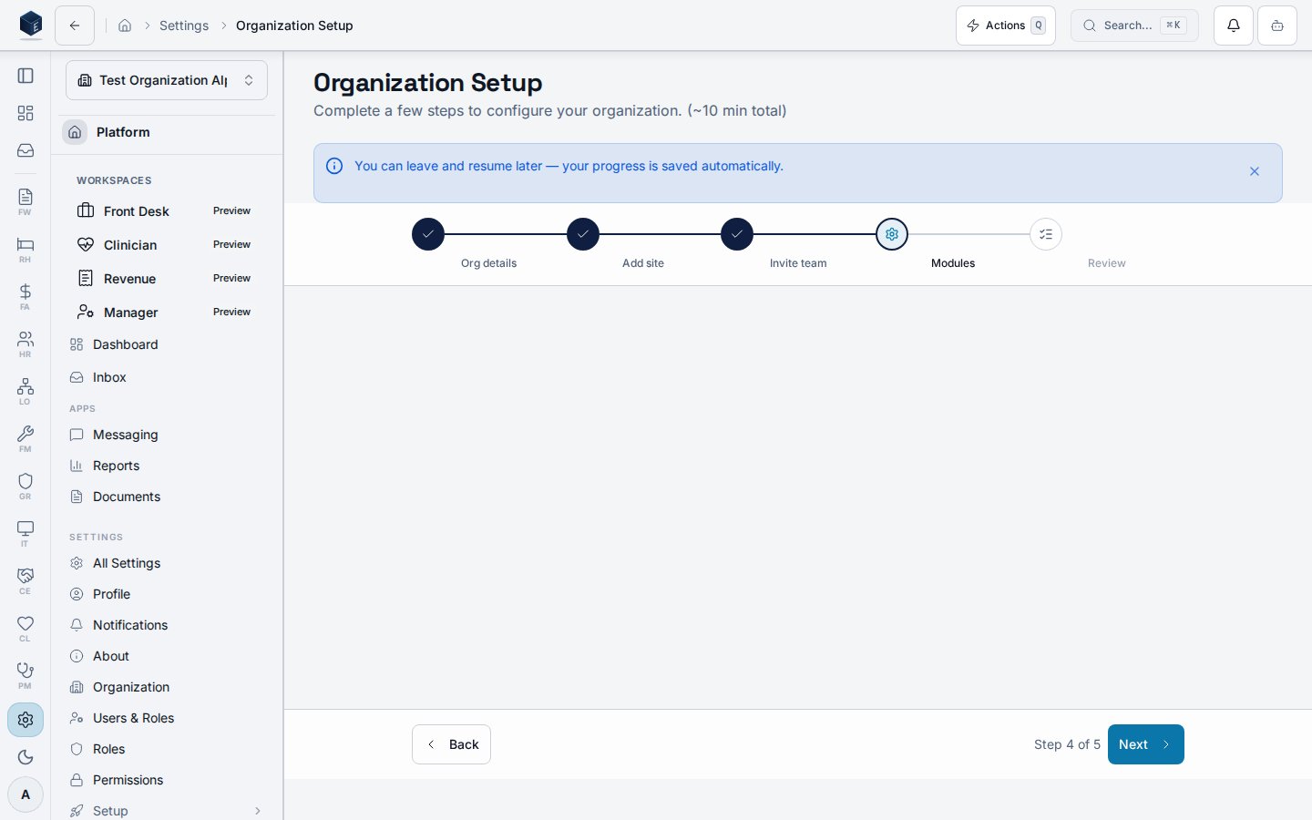 Organization Setup wizard — Modules step