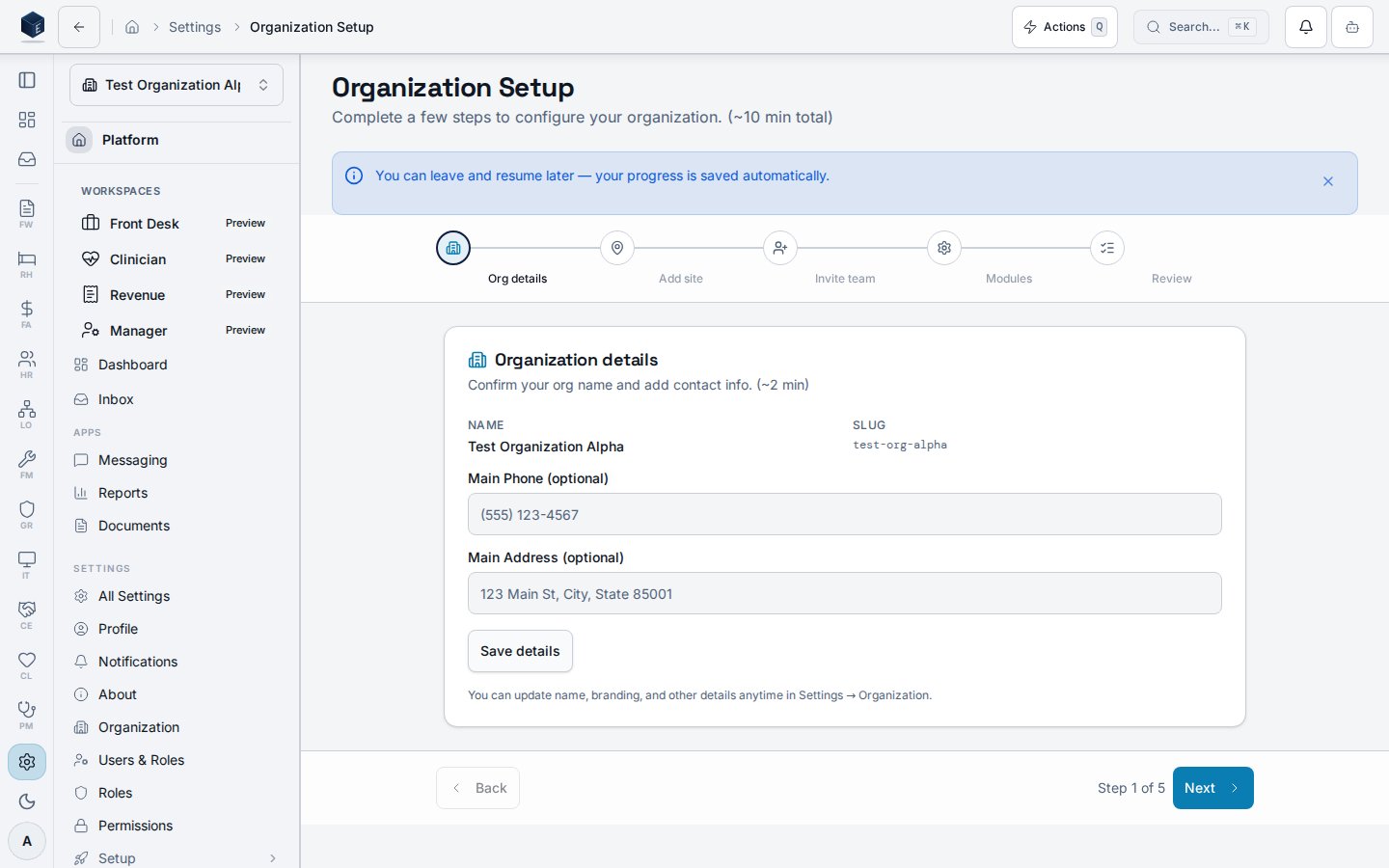 Organization Setup wizard — Org Details step