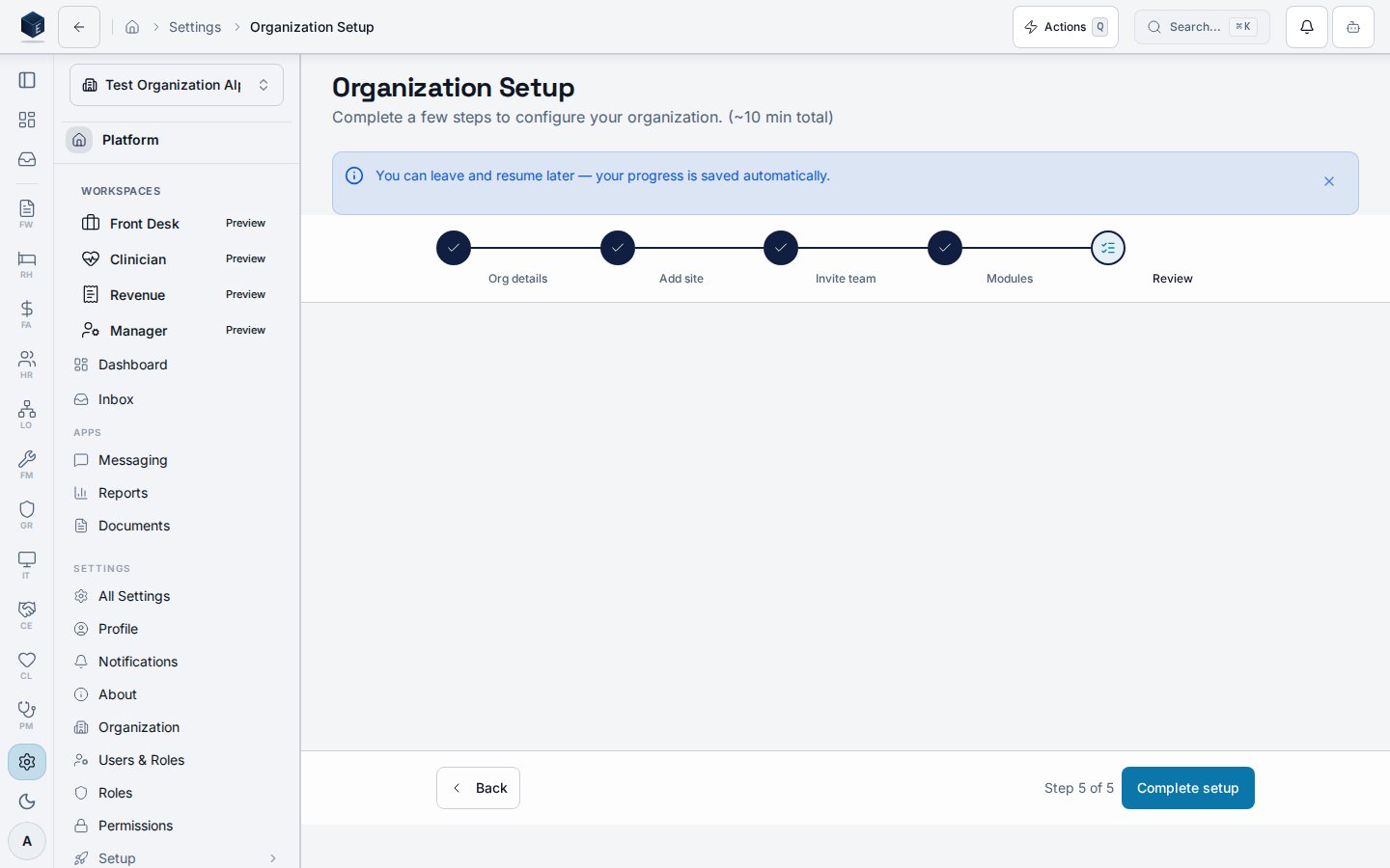 Organization Setup wizard — Review step