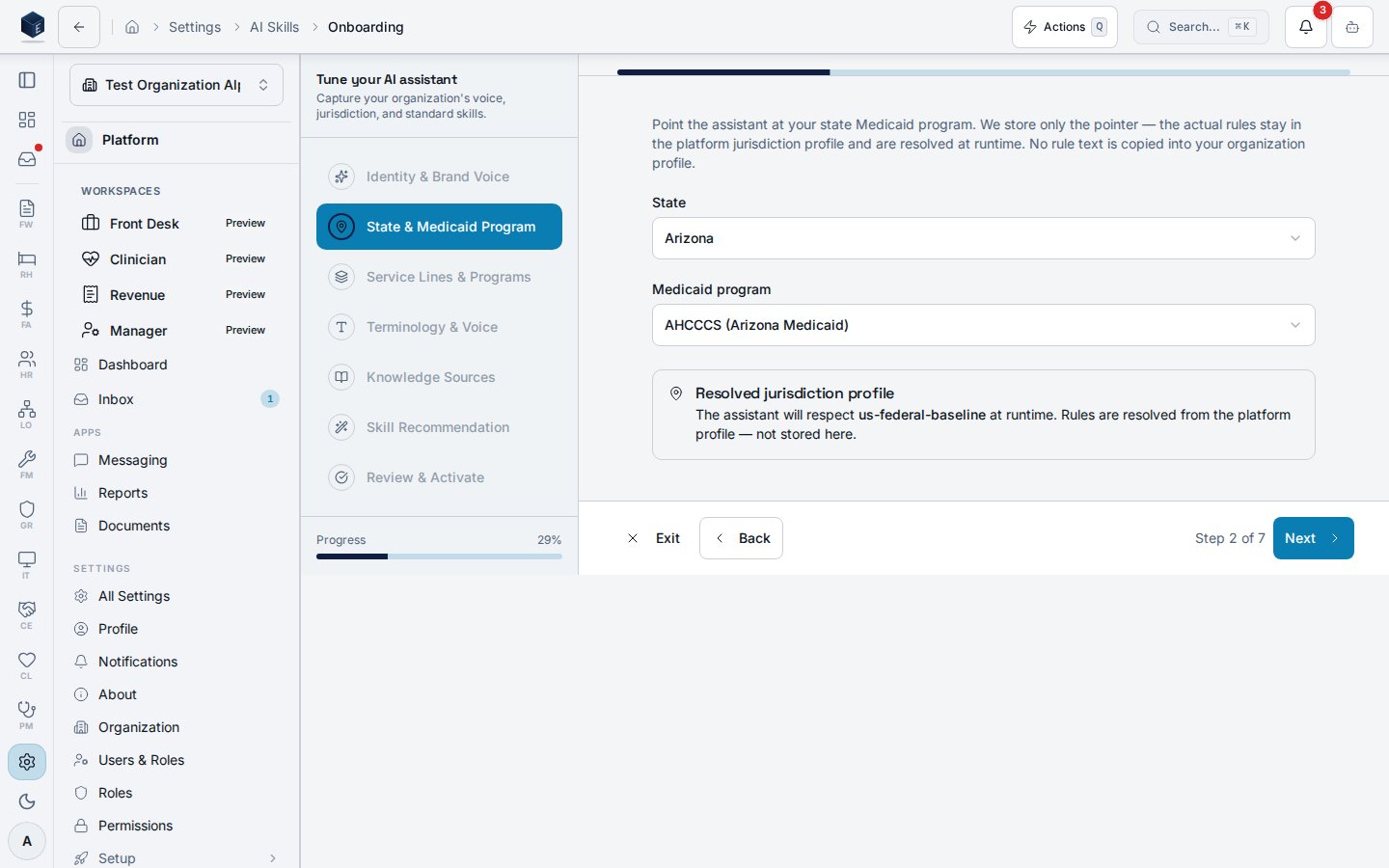 AI onboarding wizard step 2, State and Medicaid Program