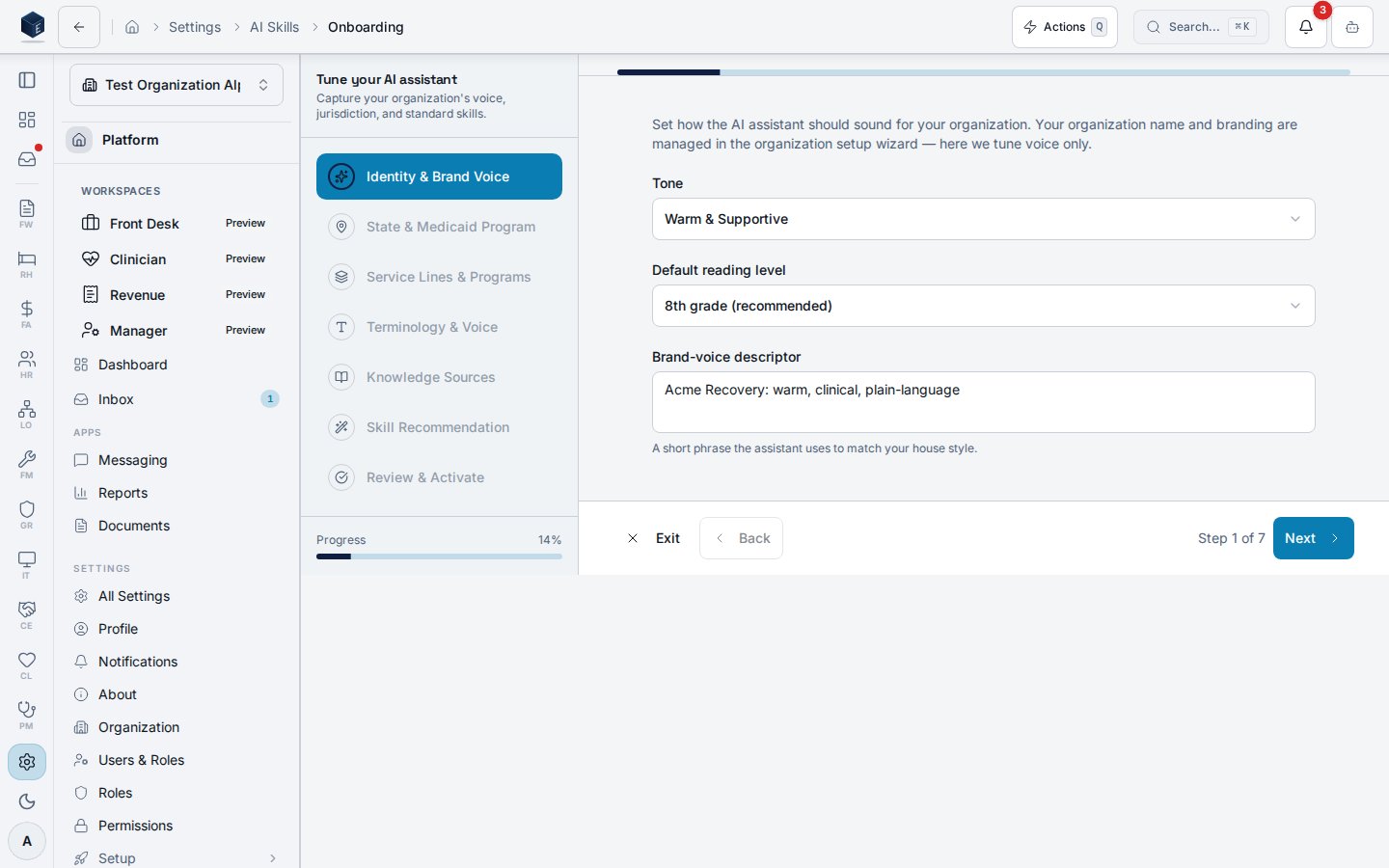 AI onboarding wizard step 1, Identity and Brand Voice, with the seven-step sidebar