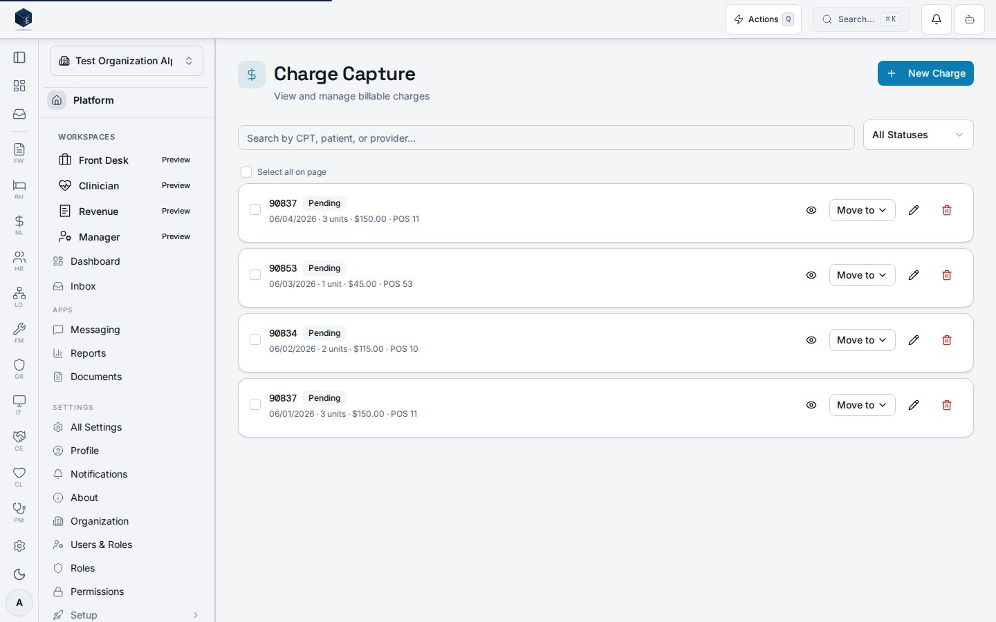Charge Capture screen showing the charge list, status filter, and New Charge action