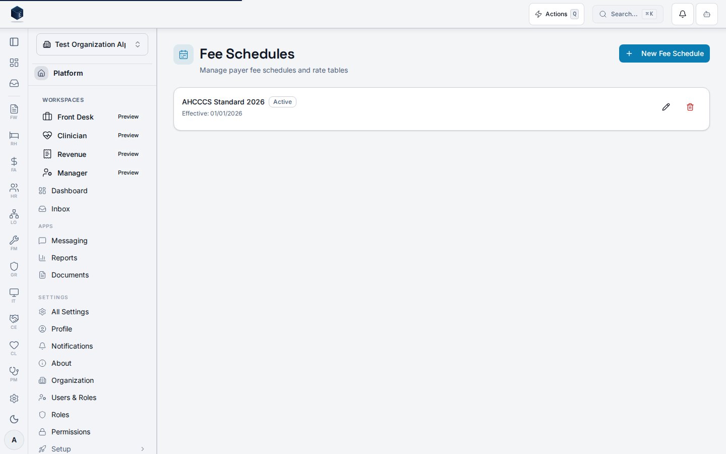 Fee Schedules page listing payer fee schedules with New Fee Schedule action