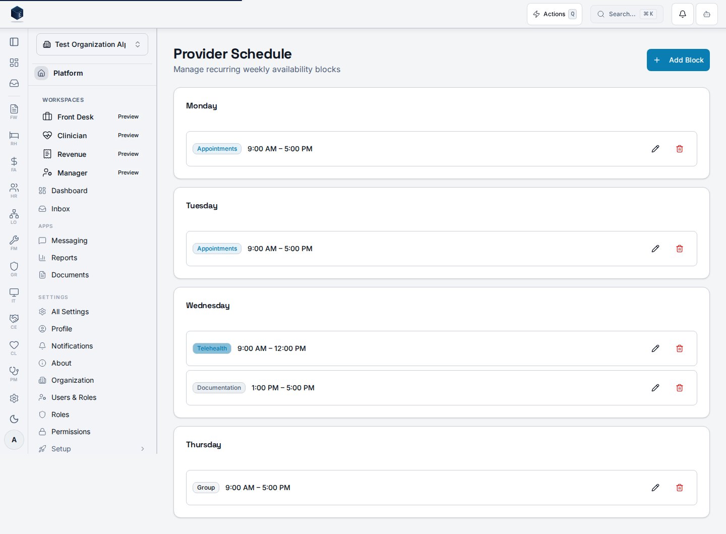 Provider Schedule page showing weekly availability blocks
