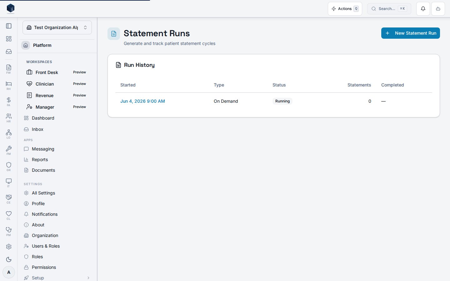 Statement Runs screen showing the run history table and New Statement Run action